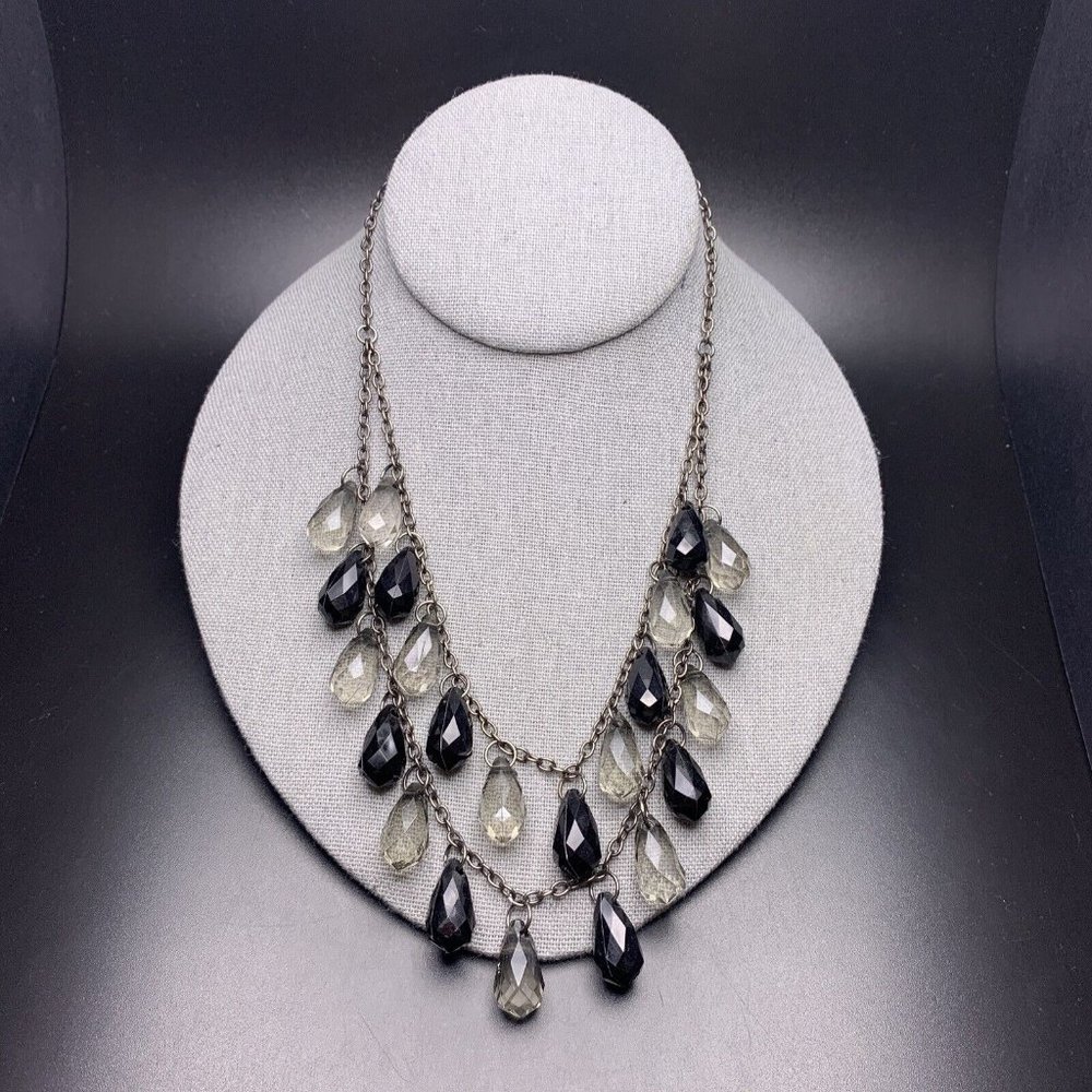 Briolette Teardrop Necklace Layered Bib Statement Smoky Gray Gunmetal Black